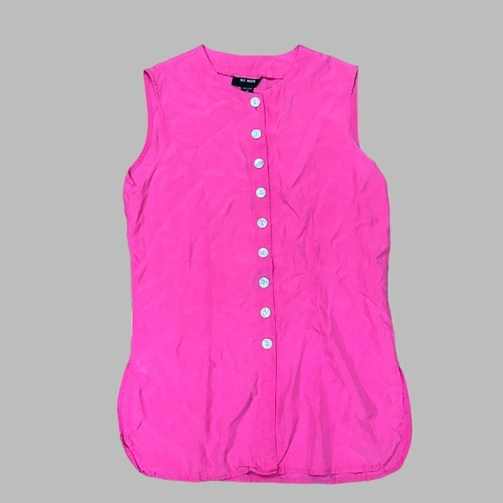 Silk Pink Button Down Tank Top with Shell Buttons